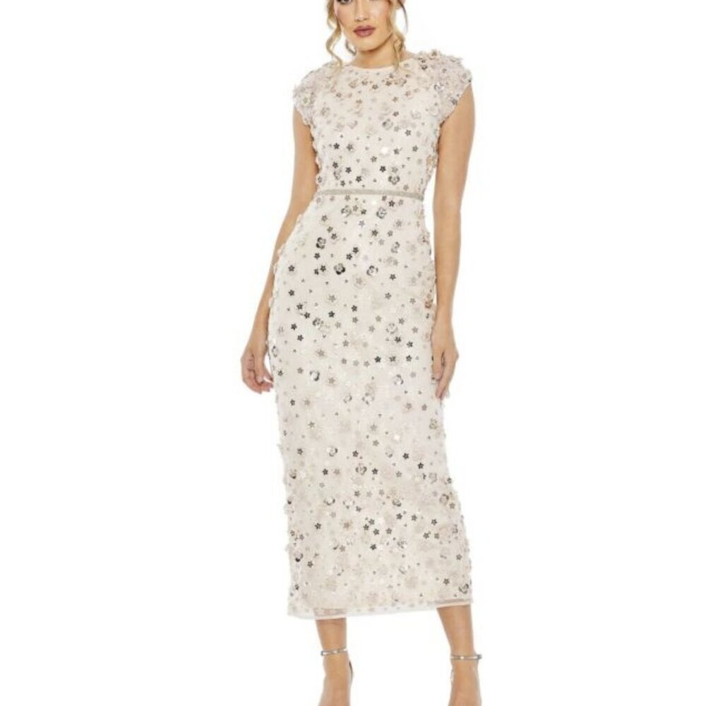Mac Duggal $698 Floral Sequin Embellished Blush Midi Dress Size 4 NWT